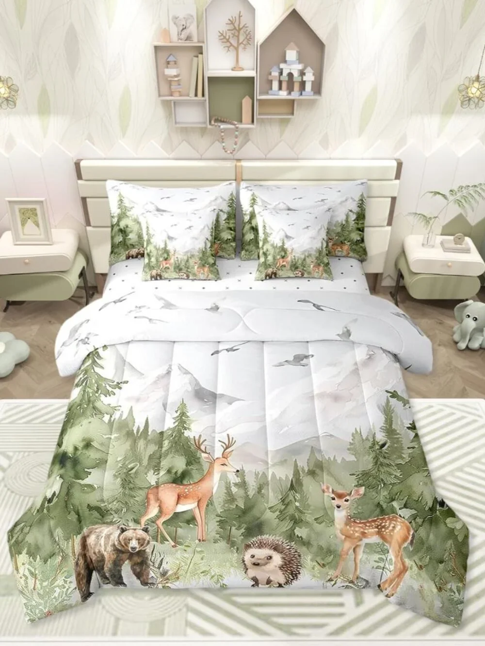 Giant Mountain Forest 7 Piece Comforter Set Twin Woodland Deer Bear Hedgehog Bir